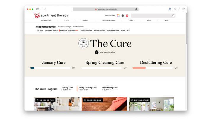 Tracking user progress in The Cure on Apartment Therapy